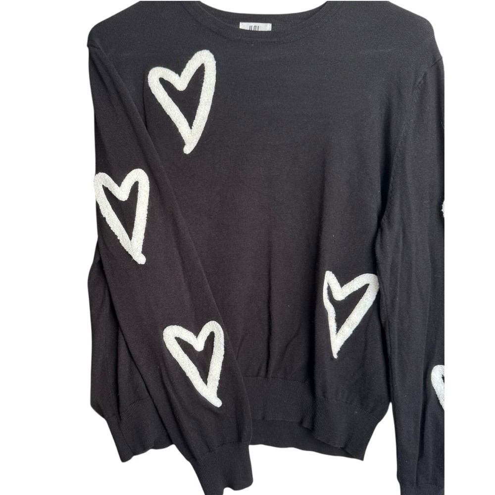 Yal New York Flocked Heart Sweater Black Lightweight Tight Knit Top Womens Large - Picture 3 of 7